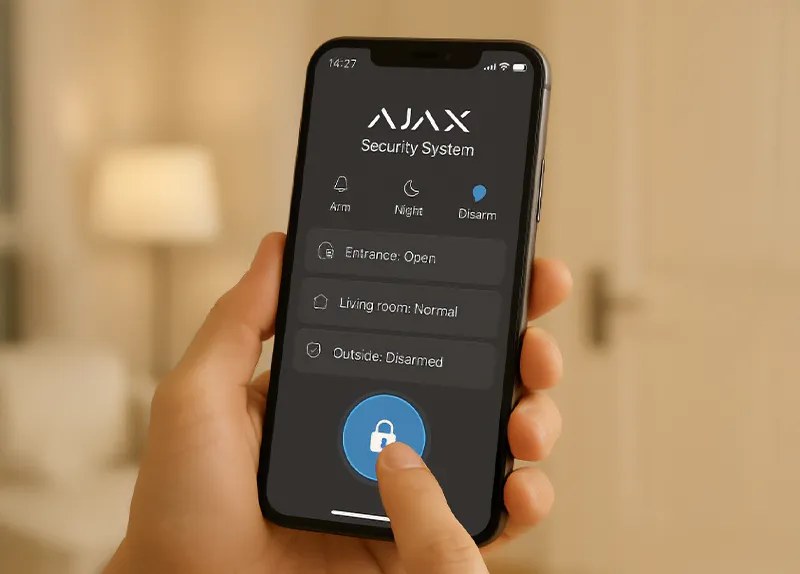 Mão a segurar telemóvel com a app Ajax para armar e desarmar