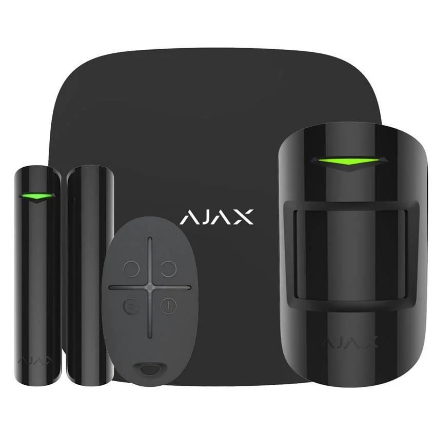 Kit de alarme Ajax preto: central, contacto magnético, comando e detetor de movimento