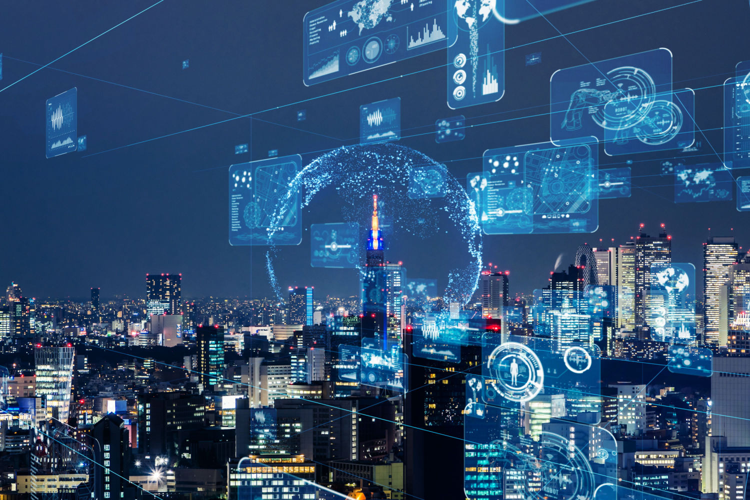 Cidade à noite com interfaces digitais de tecnologia e conectividade