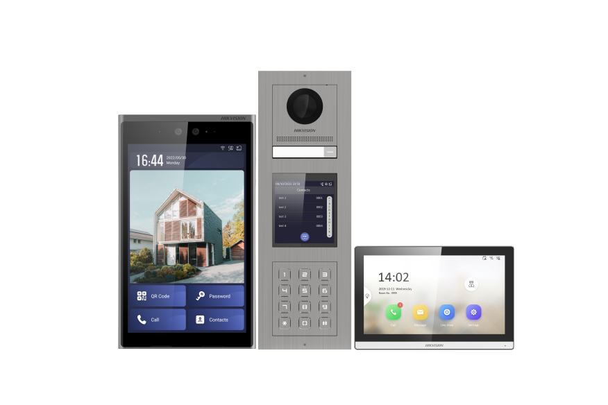 Botoneira com reconhecimento facial e QR code, botoneira modular com teclado e monitor interior Hikvision